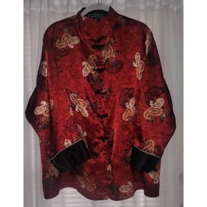 Halston Asian Inspired Top Red Satin Paisley 1X Button Front Pajama Loungewear